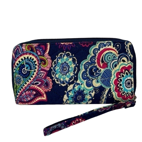 Wristlet Quilted Paisley/Floral Navy/Red/Blue/Yellow Wallet W/Strap EUC - Picture 3 of 6